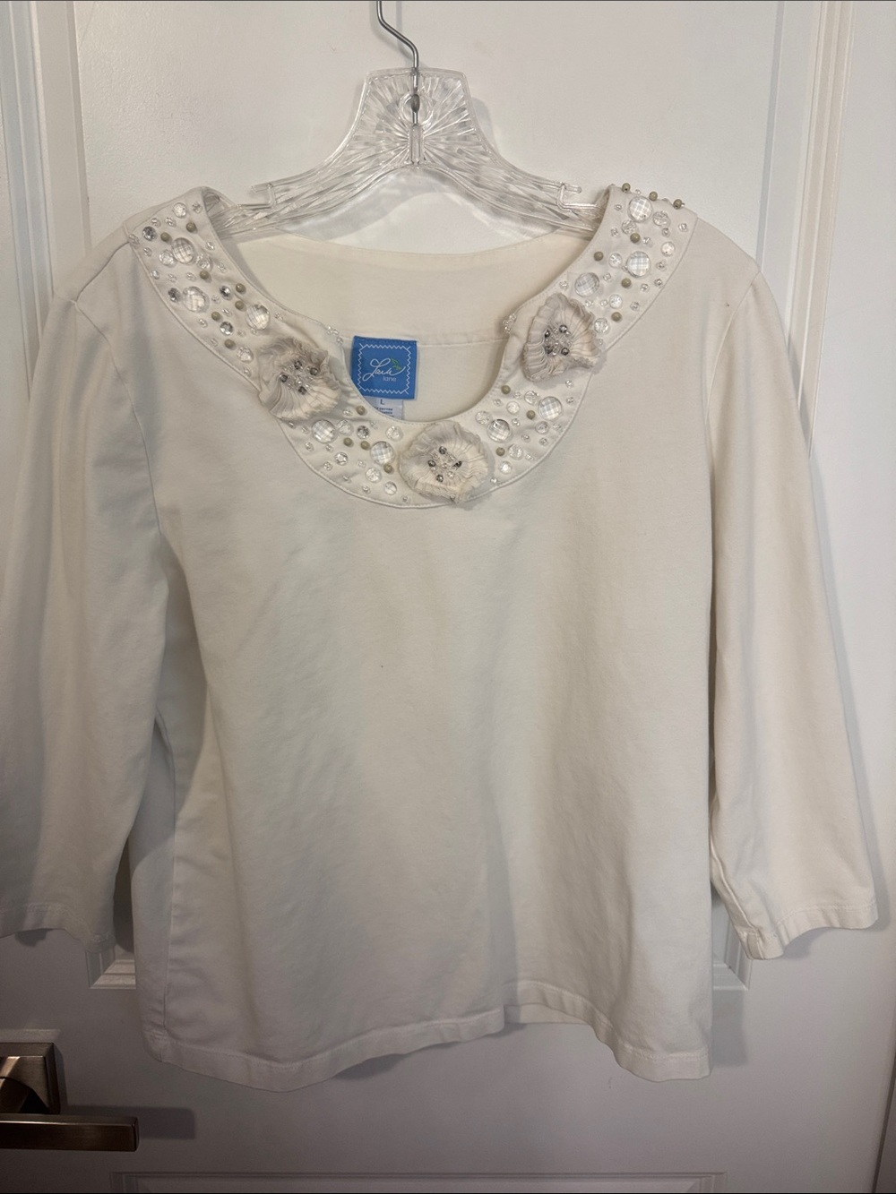 Lilly Pulitzer Cream Long Sleeve Top with Beaded Floral Collar